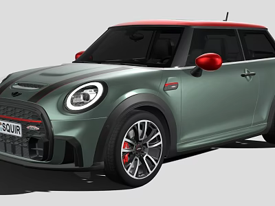 Green MINI Hatchback With Red Roof Black Accents Round Headlights And Sporty Wheels 3d model
