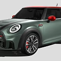 Green MINI Hatchback With Red Roof Black Accents Round Headlights And Sporty Wheels