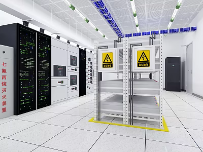 Industrial Equipment HFC-227ea Fire Suppression System in Control Room with Cabinets and Warning Signs 3d model