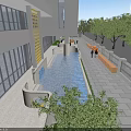 Modern School Building With Glass Facade Yellow Accent Landscaped Garden Fountain Stone Pathway And Trees