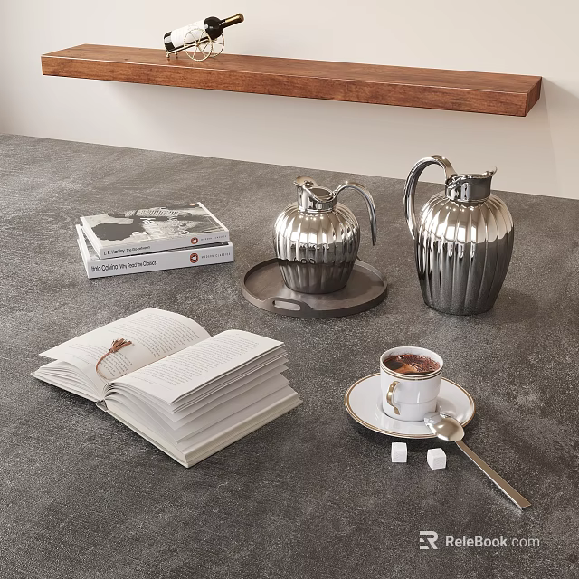 Silver Tableware Set with Ribbed Pitchers Coffee Cup Saucer Spoon Sugar Cubes and Open Book 3d model 