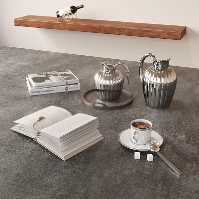 Silver Tableware Set with Ribbed Pitchers Coffee Cup Saucer Spoon Sugar Cubes and Open Book 3d model