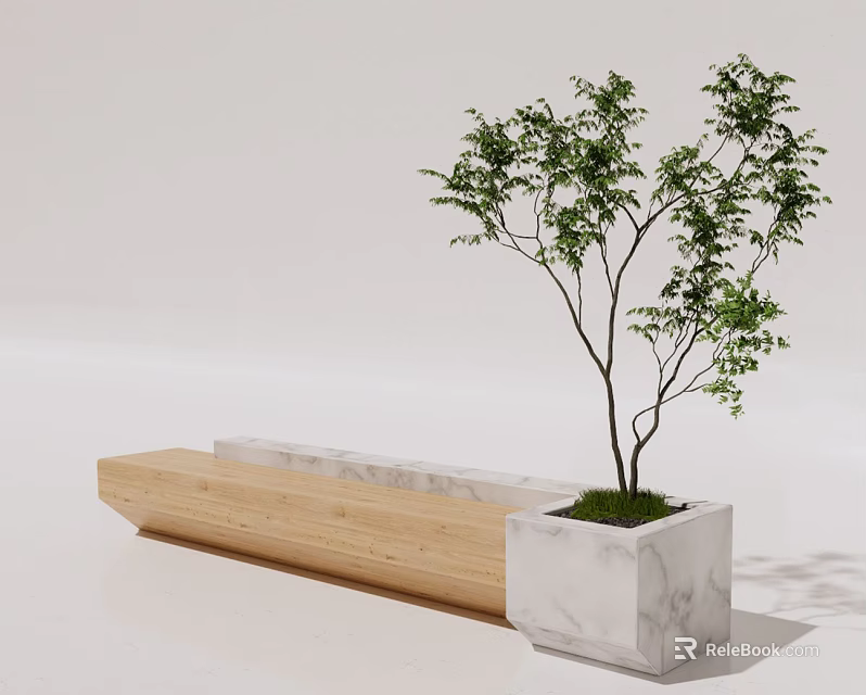 Modern Landscape Seat Featuring Wooden And Marble Design With Small Tree Planter 3d model 