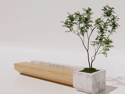 Modern Landscape Seat Featuring Wooden And Marble Design With Small Tree Planter 3d model
