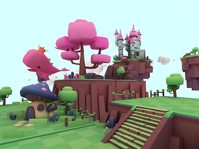 Cartoon Fantasy Scenery With Pink Whale Pink Trees Castle Mushroom House Green Grass And Staircase 3d model