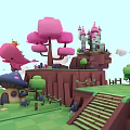Cartoon Fantasy Scenery With Pink Whale Pink Trees Castle Mushroom House Green Grass And Staircase
