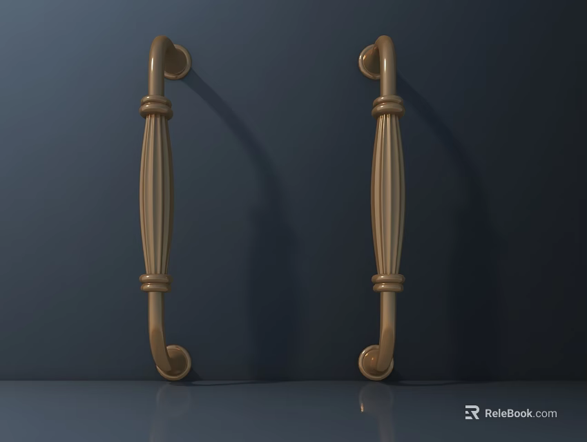Pair of Golden Door Handles with Intricate Decorative Patterns Shiny Metal Finish Against Dark Background 3d model 