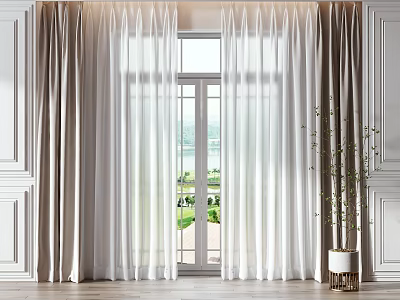 Elegant Curtains With Sheer Panels White Wall And Green Outdoor View On Wooden Floor 3d model
