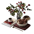 Elegant Modern Tableware Combination Including Ceramic Bowls Plates Cups And Gold Spoon For Dining Table 3d model