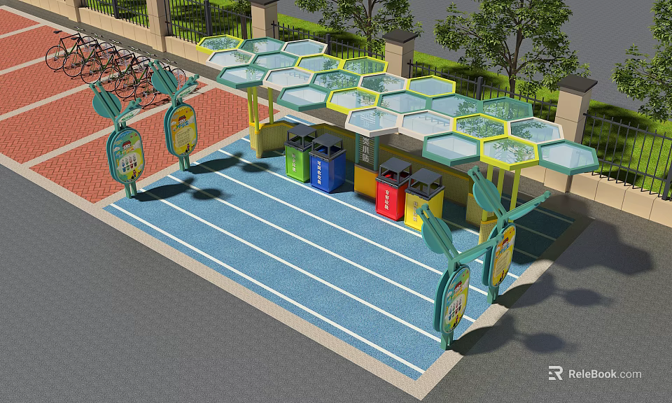 Public Waste Sorting Facility With Hexagonal Canopies Colorful Bins Green Decorations And Bicycle Parking 3d model 