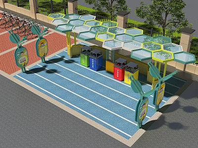 Public Waste Sorting Facility With Hexagonal Canopies Colorful Bins Green Decorations And Bicycle Parking 3d model