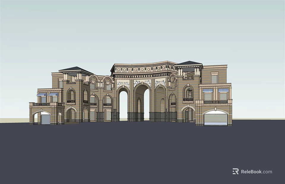 Elegant Classical Entrance Gate Featuring Arched Doorways Ornate Columns And Stone Facade 3d model 