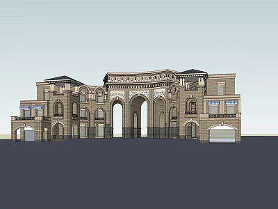 Elegant Classical Entrance Gate Featuring Arched Doorways Ornate Columns And Stone Facade 3d model