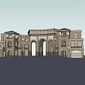 Elegant Classical Entrance Gate Featuring Arched Doorways Ornate Columns And Stone Facade