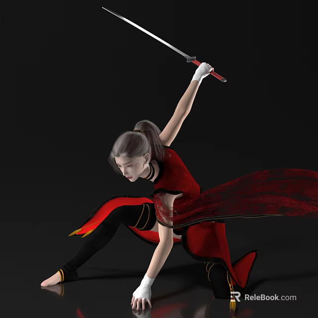 Woman In Red Outfit Wielding Sword With Flowing Red Cape Performing Martial Arts Stance 3d model 