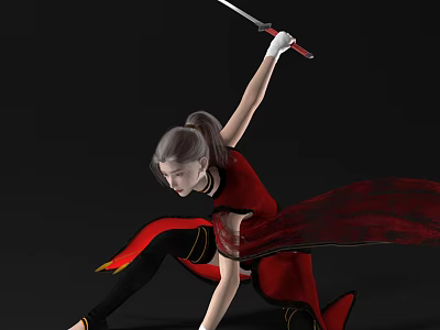 Woman In Red Outfit Wielding Sword With Flowing Red Cape Performing Martial Arts Stance 3d model