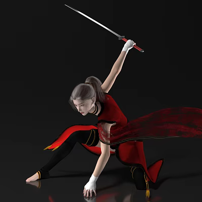 Woman In Red Outfit Wielding Sword With Flowing Red Cape Performing Martial Arts Stance 3d model