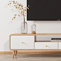 Modern Wooden White TV Stand With Vase Flower Branches And Decorations In Living Room