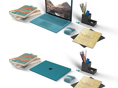 Blue Laptop on Desk with Stack of Books Pen Holder Mouse and Envelope 3d model