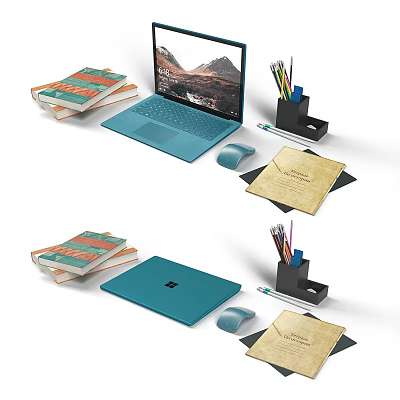 Blue Laptop on Desk with Stack of Books Pen Holder Mouse and Envelope 3d model