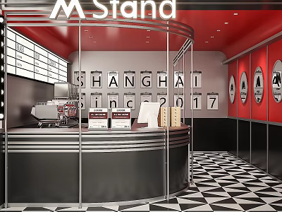 Modern M Stand Cafe Interior With Red Ceiling Glass Partition And Black White Checkered Floor 3d model