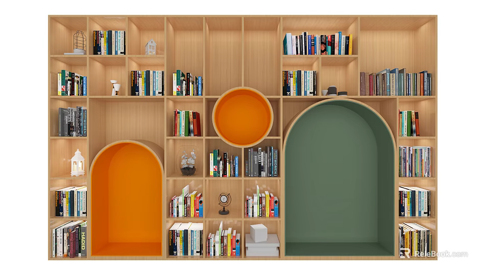 Wooden Bookshelf with Books Decorative Items Round Arch Open Slots Light Wood Orange Green Accents 3d model 