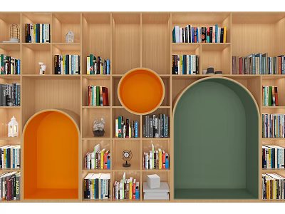 Wooden Bookshelf with Books Decorative Items Round Arch Open Slots Light Wood Orange Green Accents 3d model