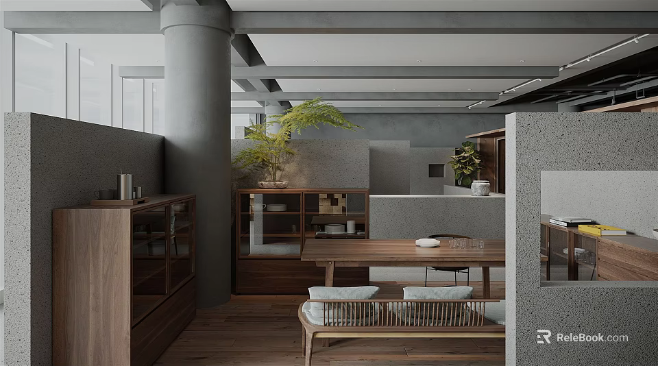 Modern Open Living Space Interior With Wooden Furniture Green Plant And Gray Columns 3d model 