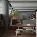 Modern Open Living Space Interior With Wooden Furniture Green Plant And Gray Columns