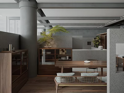 Modern Open Living Space Interior With Wooden Furniture Green Plant And Gray Columns 3d model