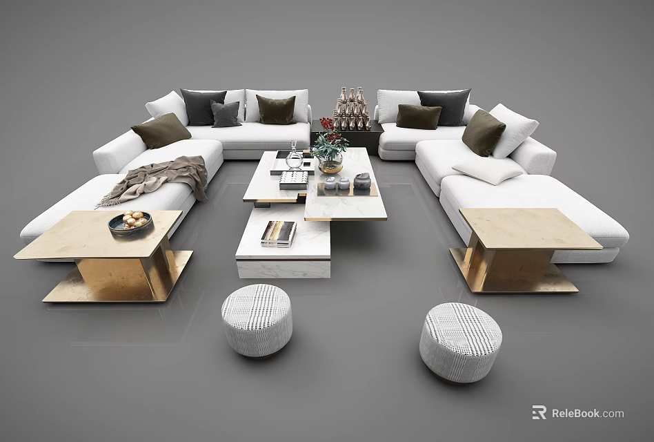Modern White Sofa and Coffee Table Set with Dark Colored Pillows Gold Frames and Stools 3d model