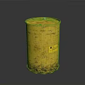 Yellow Rusty Metal Barrel With Warning Label On Dark Reflective Surface
