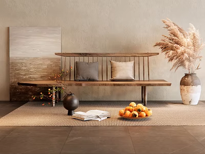 Cozy Indoor Nook With Wooden Bench Cushions Pampas Vase And Oranges On Rug 3d model