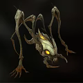 Mysterious Mechanical Creature with Skeletal Structure Long Legs and Glowing Yellow Eyes on Dark Background