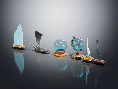 Decorative Ornament Set With Sailboat Globe Glass Sphere And Metal Stands 3d model