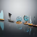 Decorative Ornament Set With Sailboat Globe Glass Sphere And Metal Stands