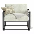 Modern Accent Chair with Black Metal Frame Light Beige Fabric and Geometric Pillow Throw Blanket