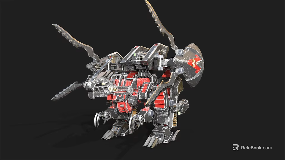 Mechanical Dinosaur With Metallic Structure Red Silver Color And Weapon Components 3d model 