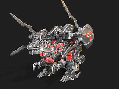 Mechanical Dinosaur With Metallic Structure Red Silver Color And Weapon Components 3d model