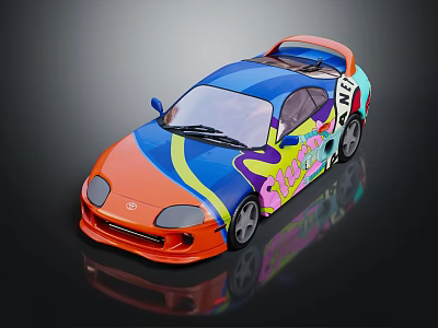 Colorful Sports Car with Vibrant Blue Orange Graffiti Art and Aerodynamic Rear Spoiler 3d model