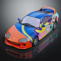 Colorful Sports Car with Vibrant Blue Orange Graffiti Art and Aerodynamic Rear Spoiler