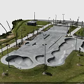 Scenic Outdoor Skate Park With Concrete Ramps Green Grass And Street Lamps