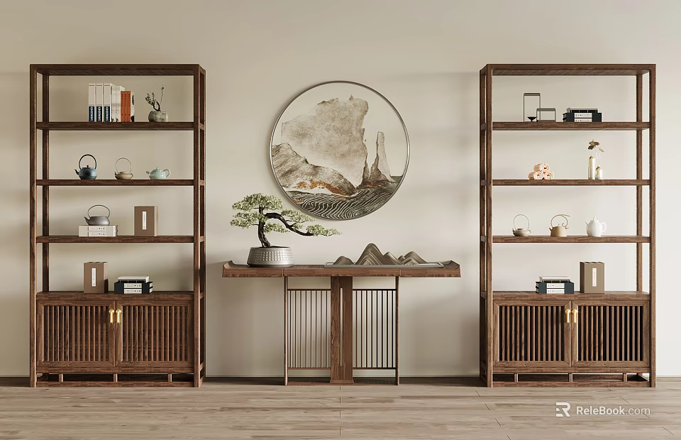 Traditional Chinese Antique Display Cabinet With Circular Landscape Painting Bonsai And Decorative Items 3d model 