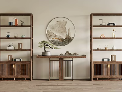 Traditional Chinese Antique Display Cabinet With Circular Landscape Painting Bonsai And Decorative Items 3d model