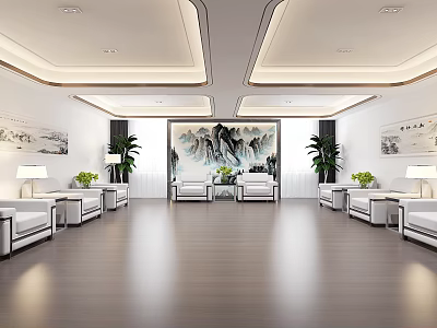 Modern Conference Room Interior Design With Landscape Paintings Sofas Plants And Recessed Lighting 3d model