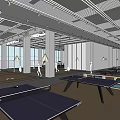Indoor Sports Fitness Space with Ping Pong Tables People Exercising Large Windows and Wall Silhouettes