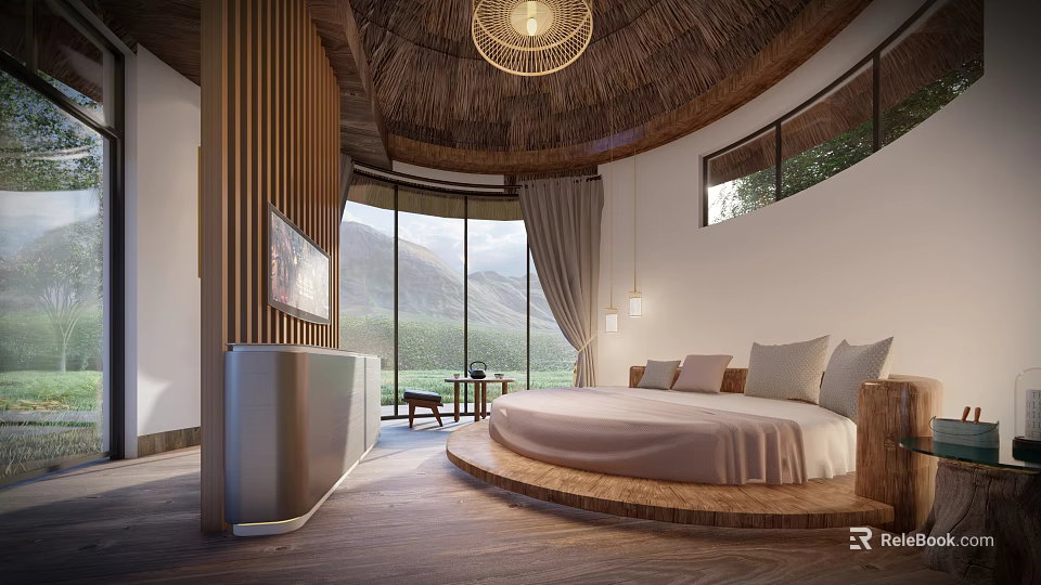 Elegant Modern Hotel Room Interior With Round Bed And Mountain View Through Windows 3d model 