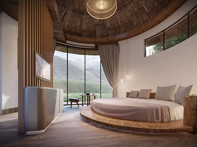 Elegant Modern Hotel Room Interior With Round Bed And Mountain View Through Windows 3d model