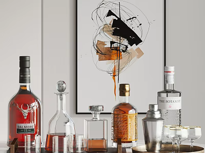 Stylish Home Bar Display With Liquor Bottles Wine Glasses Abstract Painting Cocktail Shaker And Tray 3d model