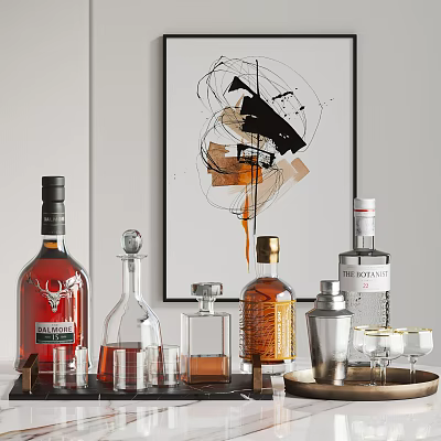 Stylish Home Bar Display With Liquor Bottles Wine Glasses Abstract Painting Cocktail Shaker And Tray 3d model